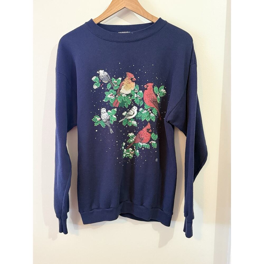 Vintage Cotton Grove Navy Bird Holley Nature Print Crew Neck Sweatshirt Size L